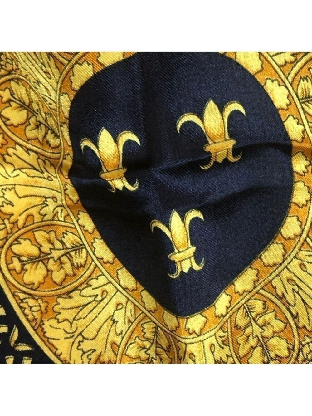 SCARF 36” square navy blue with center medallion in shades of gold. - Picture 3 of 8